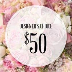 Pink and white rose bouquet with a $50 designer's choice label