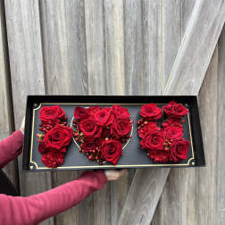 Red roses arranged in a black rectangular gift box