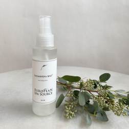 Eucalyptus spray mist bottle beside a eucalyptus stem