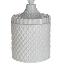 White lidded ceramic jar with a diamond pattern