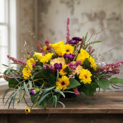 Low arrangement of yellow gerbera and calla lilies with purple blooms and pink spikes in a shallow container