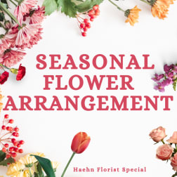 Seasonal flower arrangement graphic with assorted flowers around the edges