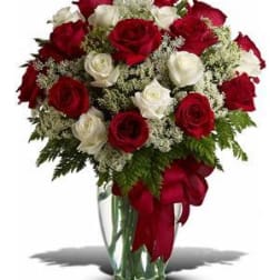 Red and white roses in a clear glass vase with a red ribbon
