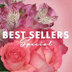 Pink roses and striped alstroemeria with "Best Sellers Special" text