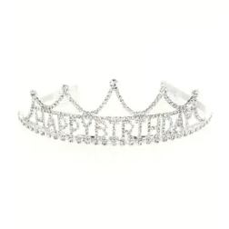 Silver rhinestone tiara with the word Birthday