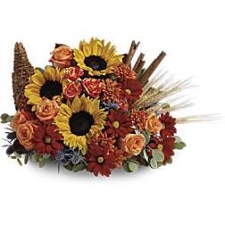 Sunflower and rose arrangement with red daisies and wheat accents