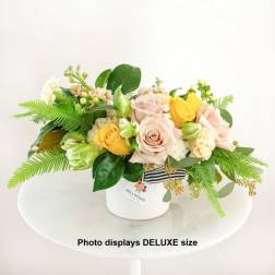 Mixed roses in a white hatbox with fern accents