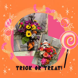 Halloween floral arrangements with bright ribbons and a trick-or-treat graphic