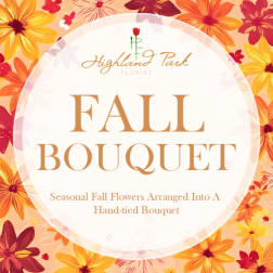Fall bouquet promo graphic with orange and yellow flowers and text