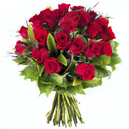 Bouquet of red roses with green foliage