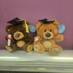 Two teddy bears wearing graduation caps and holding diplomas