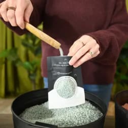 Person pouring granules from a packet into a black container