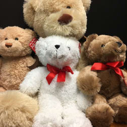 Assorted teddy bears with red bows on a wooden surface
