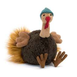 Plush turkey toy with a blue knit hat and red beak