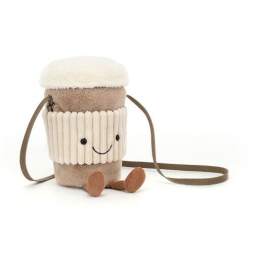 Plush cup-shaped bag with a smiling face and shoulder strap
