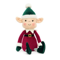 Plush elf doll in a red outfit and green hat sitting on a white background