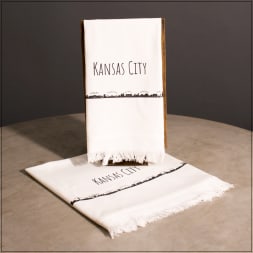 White Kansas City scarf with black text and skyline print