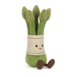 Plush green vegetable toy with a smiling face and brown feet