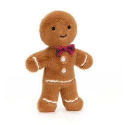 Gingerbread man plush toy with a plaid bow tie