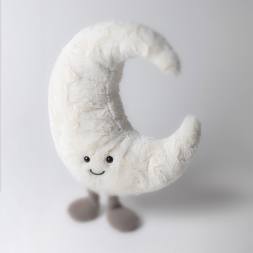 Plush crescent moon with a smiling face and small feet