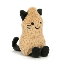 Plush cat toy with tan fur and black ears, paws, and tail