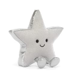 Silver star-shaped plush toy with a smiling face