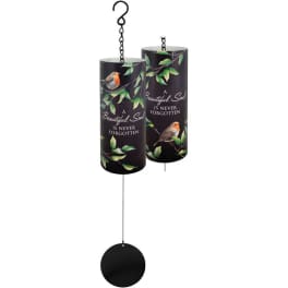 Two black memorial wind chimes with bird and leaf designs