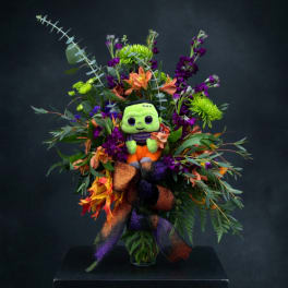 Halloween bouquet with a plush Frankenstein figure in a vase