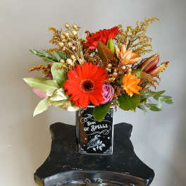 Bright mixed flower arrangement in a black book-shaped vase
