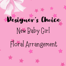 Pink graphic with a white bow and text reading New Baby Girl Floral Arrangement