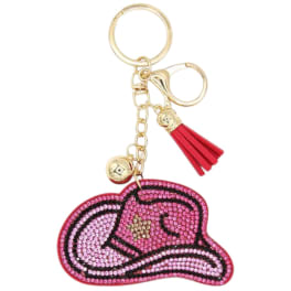 Pink beaded keychain with a red tassel and gold hardware