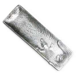 Silver rectangular tray with an alligator relief design