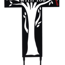 Black memorial cross stake with white tree design and red bird