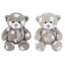 Two plush teddy bears with gray and cream fur and ribbon bows