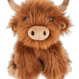 Plush brown highland cow toy with horns and a shaggy coat