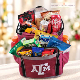 A maroon cooler bag filled with snacks and drinks, including an ATM logo.