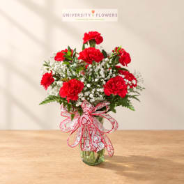 Red carnations and white baby's breath in a glass vase with a heart ribbon