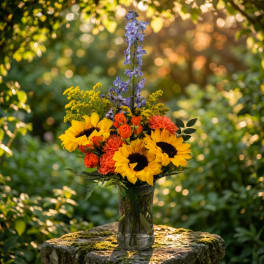 Sunflower bouquet with orange blooms in a clear glass vase