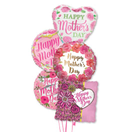Cluster of pink Mother's Day balloons with floral prints and messages