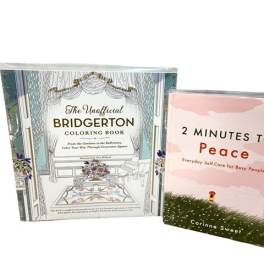Two paperback books, one Bridgerton coloring book and one self-care book
