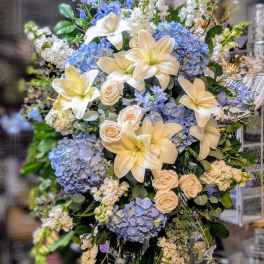 Tall arrangement of white lilies, cream roses, and blue hydrangeas on a pedestal