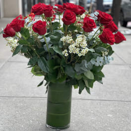 Red roses arranged in a tall glass vase with white filler flowers