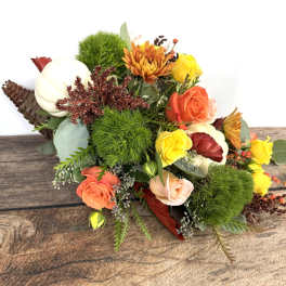 Mixed bouquet with roses, chrysanthemums, and green pom-pom blooms