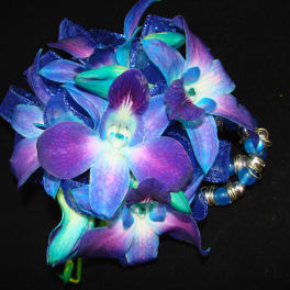 Purple and blue orchid corsage with beaded bracelet on a black background