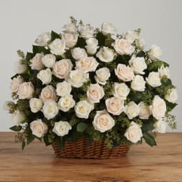 Basket arrangement of cream and blush roses