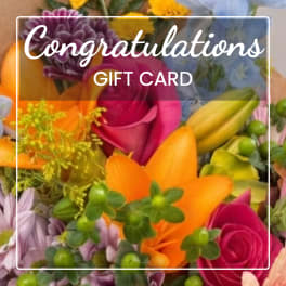 Colorful bouquet background with overlaid "Congratulations Gift Card" text