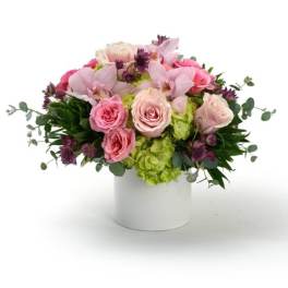 Low arrangement of pink roses, orchids, and green hydrangeas in a white cylinder vase