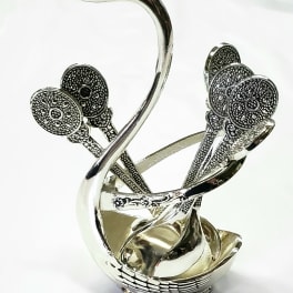Decorative silver-toned metal swan-shaped basket with ornate handles