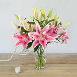 Pink and white lilies in a clear glass vase