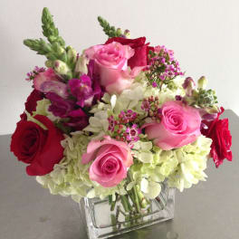 Pink and red roses with white hydrangeas in a clear square vase